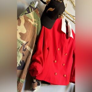 Vintage Donna Toran Red Double Breasted Blazer | Gold Crest Buttons